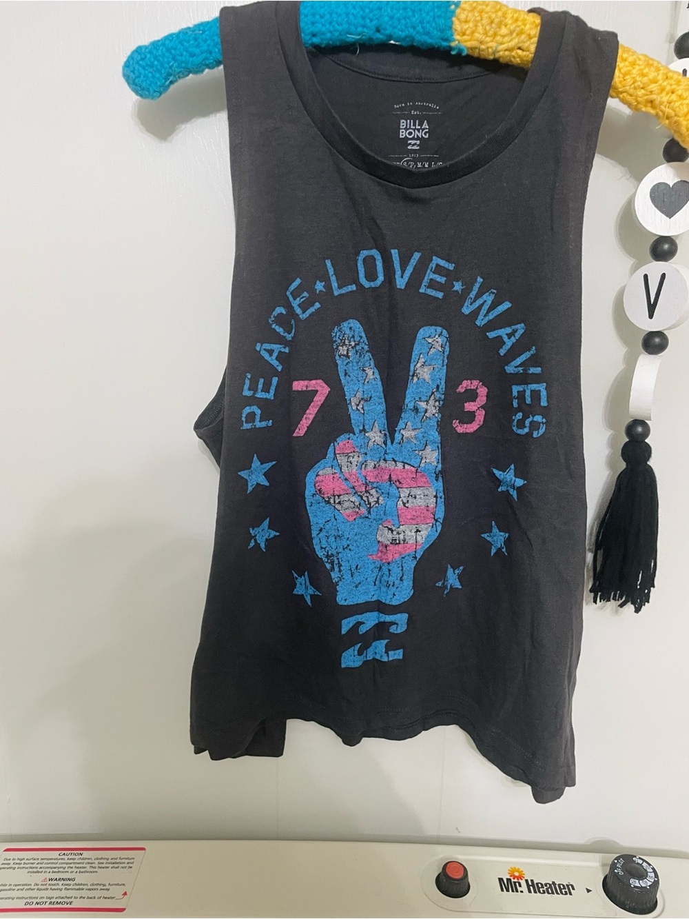 Billabong Black Tank with Blue and Pink Peace Graphic